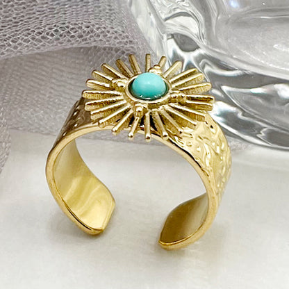 304 Stainless Steel 14K Gold Plated Retro Plating Inlay Sun Natural Stone Turquoise Open Ring