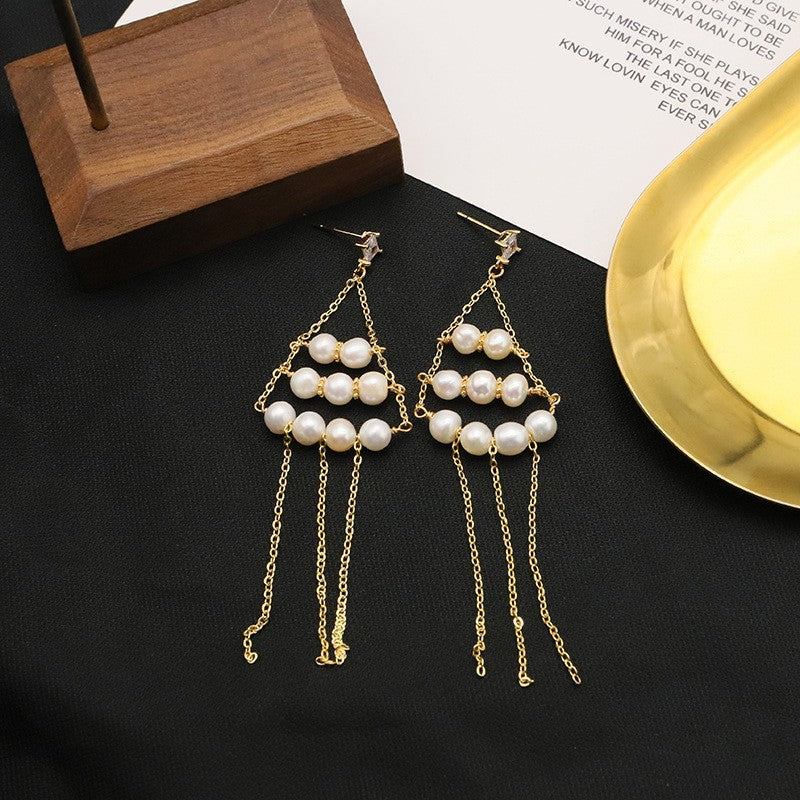 Retro Tassel Pearl Sterling Silver Plating Drop Earrings 1 Pair