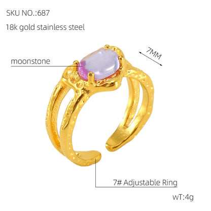 Elegant Retro Round Square Stainless Steel Plating Inlay Luminous Stone Rhinestones Zircon 18k Gold Plated Open Ring