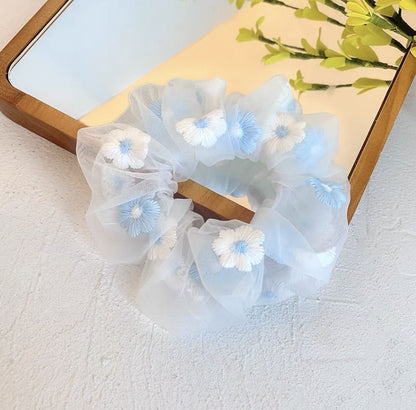 Sweet Flower Gauze Embroidery Hair Tie