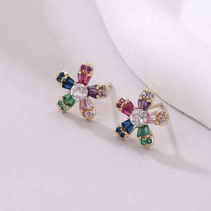 1 Pair Elegant Lady Daisy Inlay Copper Zircon Ear Studs