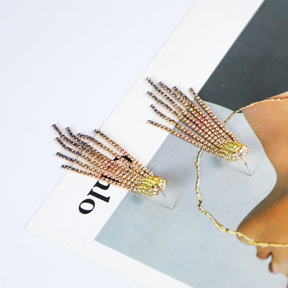 Catwalk Fashionable Gradient Rhinestone Long Welding Claw Tassel Alloy Earrings