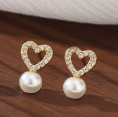 1 Pair Elegant Heart Shape Pearl Inlay Sterling Silver Artificial Diamond Ear Studs