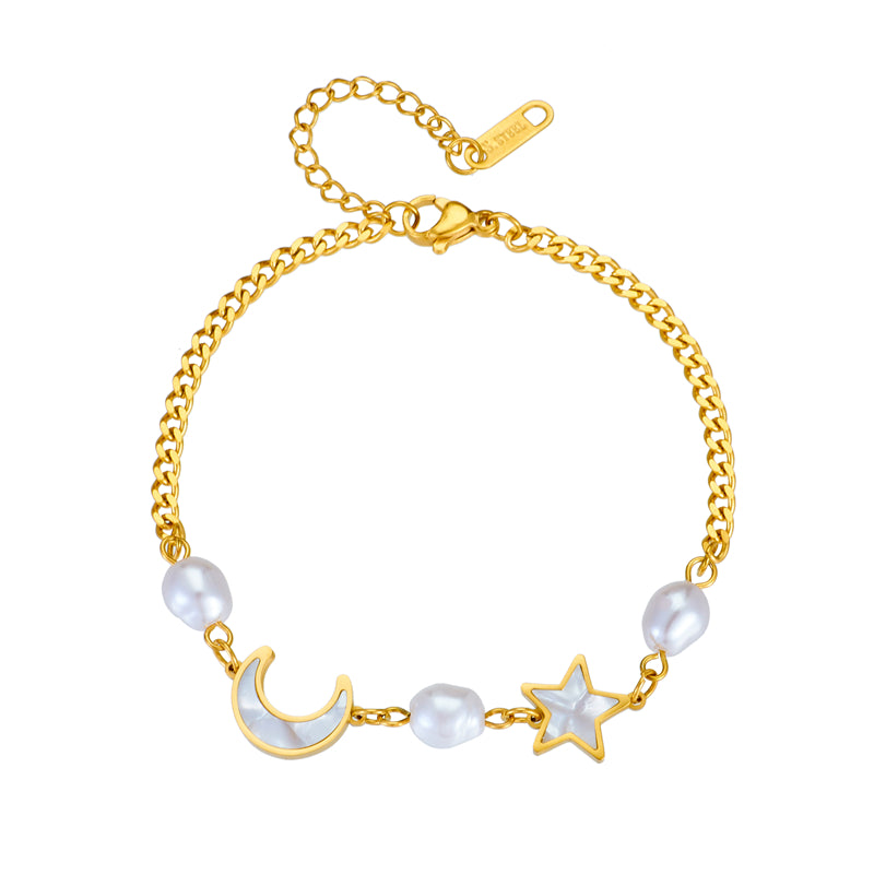 Simple Style Star Moon Titanium Steel Plating Artificial Pearls Shell Gold Plated Bracelets