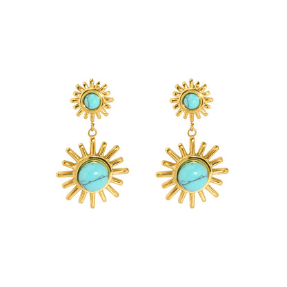 1 Pair Retro Round Square Plating Inlay Stainless Steel Turquoise Gold Plated Earrings