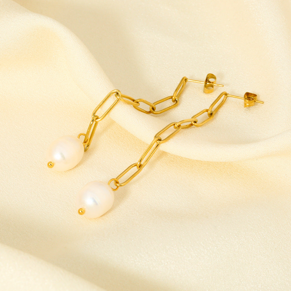 1 Pair Modern Style Geometric Plating Stainless Steel Freshwater Pearl 18k Gold Plated Drop Earrings