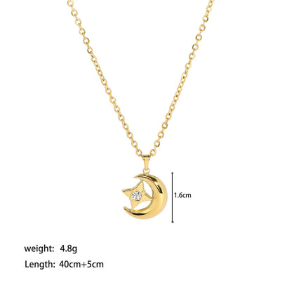 Lady Moon Heart Shape Stainless Steel Titanium Steel Plating Inlay Artificial Gemstones Gold Plated Pendant Necklace