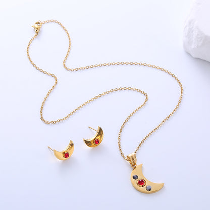 Simple Style Moon Stainless Steel Plating Artificial Gemstones 18k Gold Plated Earrings Necklace Jewelry Set