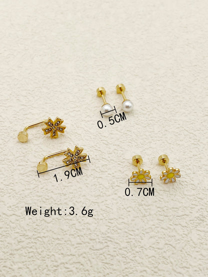 1 Set Cute French Style Sweet Flower Enamel Plating Inlay Stainless Steel Artificial Pearls Zircon Gold Plated Ear Studs