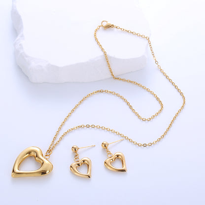 Simple Style Heart Shape Stainless Steel Hollow Out 18k Gold Plated Earrings Necklace Jewelry Set