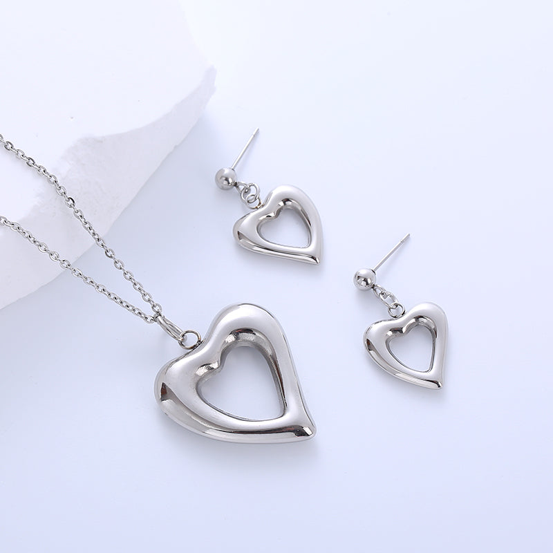 Simple Style Heart Shape Stainless Steel Hollow Out 18k Gold Plated Earrings Necklace Jewelry Set