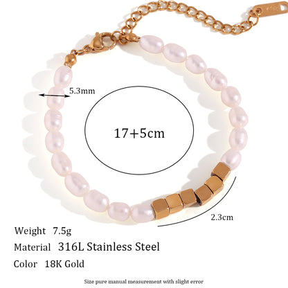 Classic Style Square Stainless Steel Freshwater Pearl Beaded 18k Gold Plated Bracelets Necklace