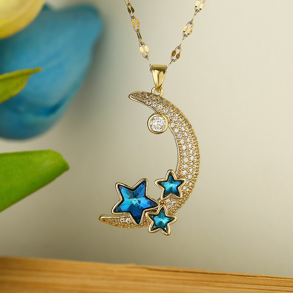 Simple Style Star Moon Copper 18k Gold Plated Zircon Pendant Necklace In Bulk