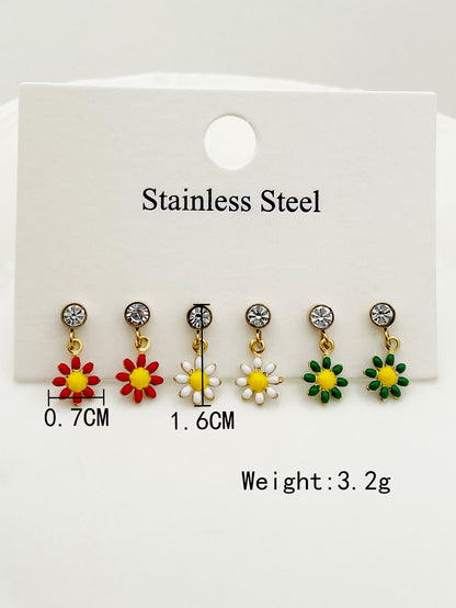 1 Set Cute French Style Sweet Flower Enamel Plating Inlay Stainless Steel Artificial Pearls Zircon Gold Plated Ear Studs