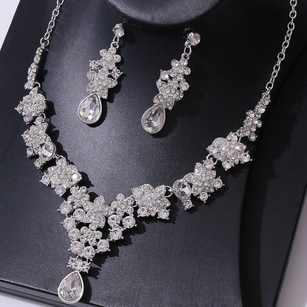 Bridal Water Droplets Flower Alloy Inlay Rhinestones Earrings Necklace