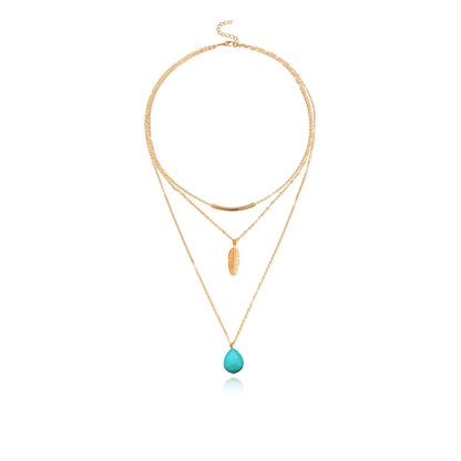 Ethnic Style Leaves Water Droplets Alloy Turquoise Plating Women's Layered Necklaces Sweater Chain