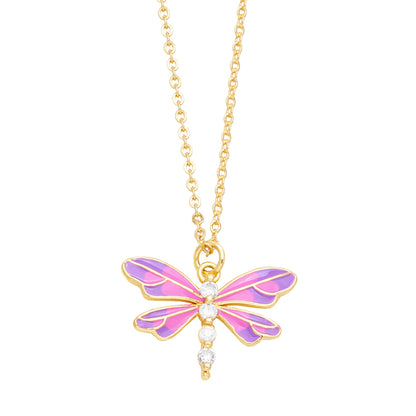 Cute Sweet Dragonfly Stainless Steel Copper Enamel Plating Zircon 18k Gold Plated Pendant Necklace