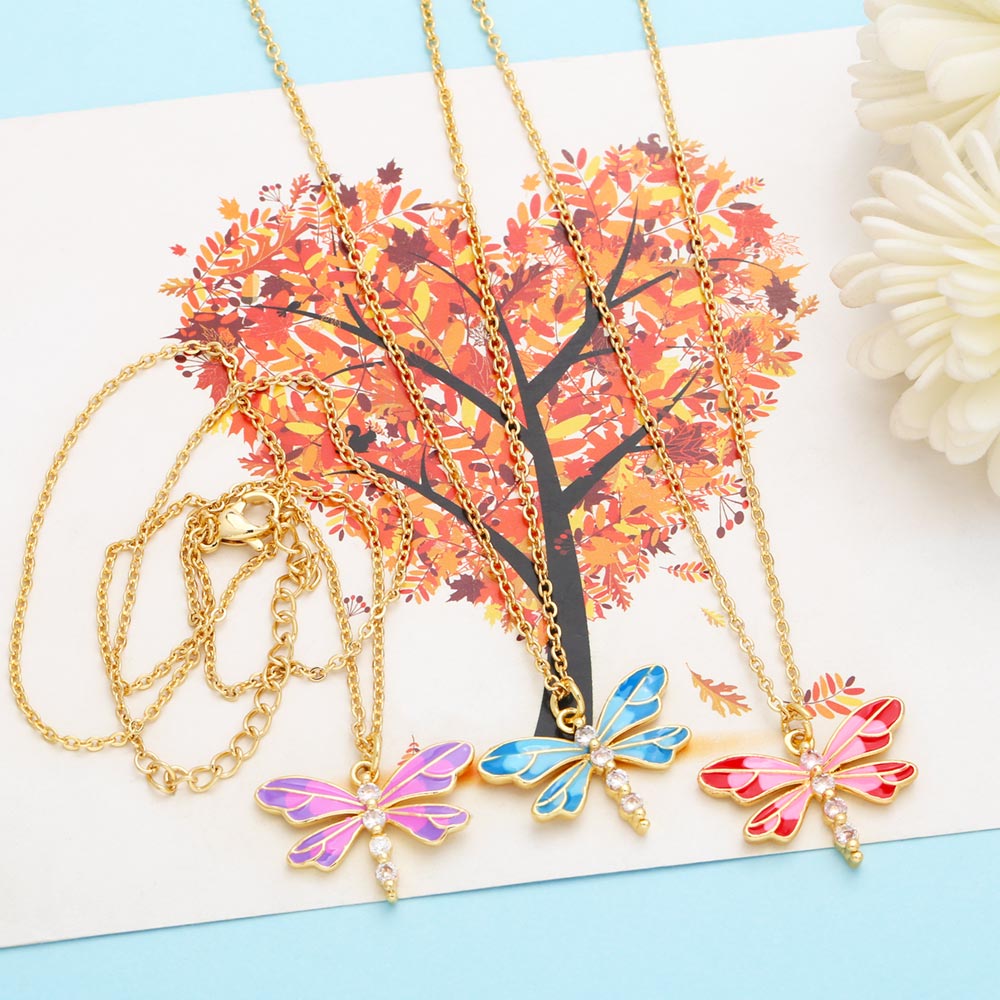 Cute Sweet Dragonfly Stainless Steel Copper Enamel Plating Zircon 18k Gold Plated Pendant Necklace