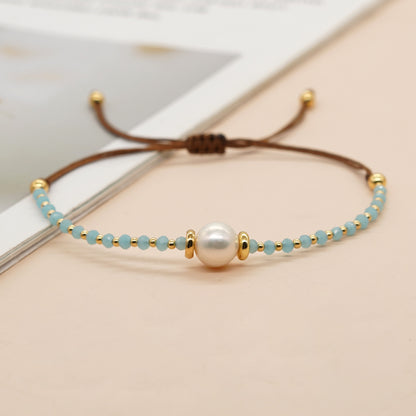 Casual Simple Style Round Artificial Crystal Freshwater Pearl Beaded Drawstring Braid Bracelets