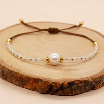 Casual Simple Style Round Artificial Crystal Freshwater Pearl Beaded Drawstring Braid Bracelets