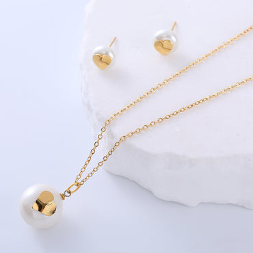 Elegant Lady Simple Style Geometric Stainless Steel Plating Inlay Pearl 18k Gold Plated Earrings Necklace