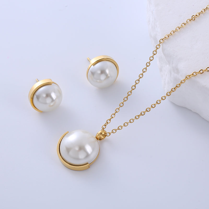 Elegant Lady Simple Style Geometric Stainless Steel Plating Inlay Pearl 18k Gold Plated Earrings Necklace