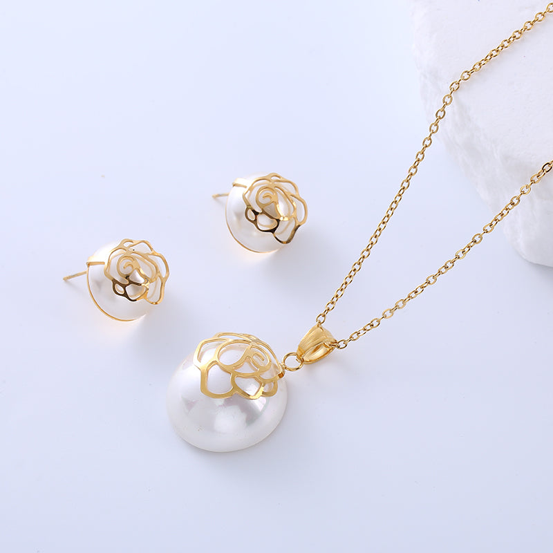 Elegant Lady Simple Style Geometric Stainless Steel Plating Inlay Pearl 18k Gold Plated Earrings Necklace