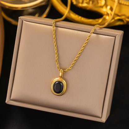 Vintage Style Oval Titanium Steel Inlay Agate 18k Gold Plated Pendant Necklace