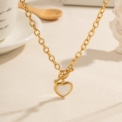 Modern Style Heart Shape Stainless Steel Plating Inlay Shell 18k Gold Plated Pendant Necklace