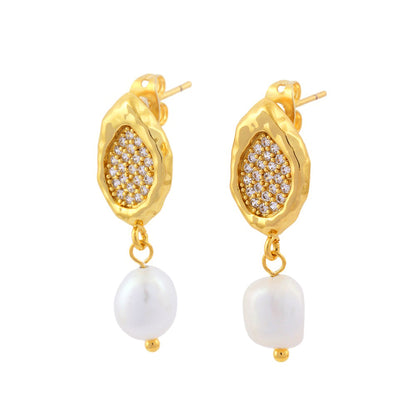 1 Pair Vintage Style Irregular Plating Inlay Freshwater Pearl Copper Zircon 18k Gold Plated Drop Earrings