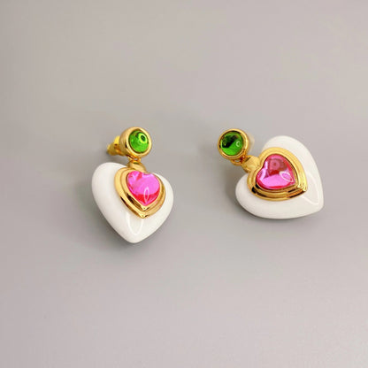 1 Pair Sweet Heart Shape Inlay Copper Artificial Gemstones Drop Earrings