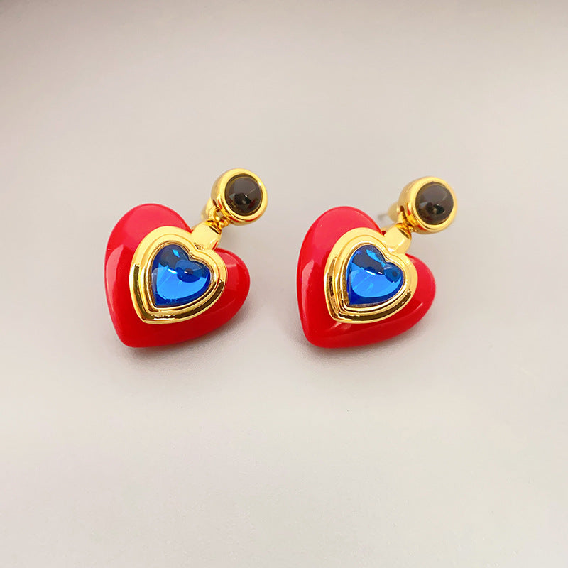 1 Pair Sweet Heart Shape Inlay Copper Artificial Gemstones Drop Earrings