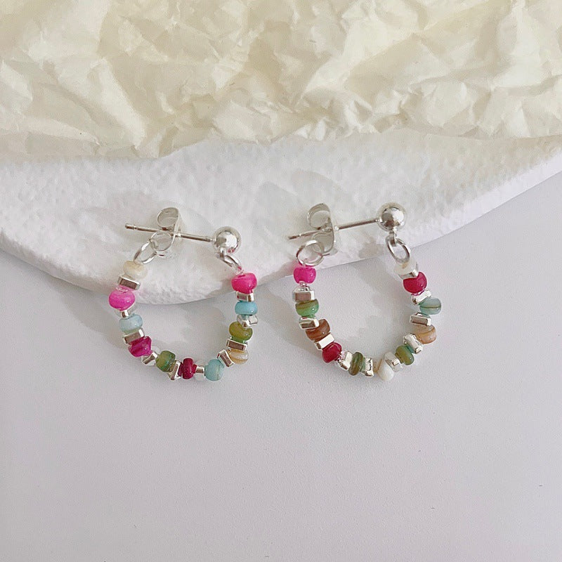 1 Pair Sweet Multicolor Beaded Natural Stone Sterling Silver Hoop Earrings