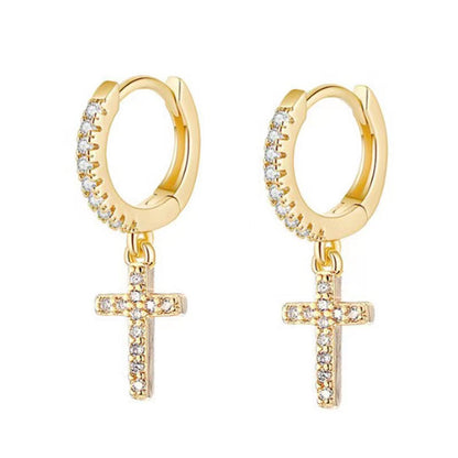1 Pair Simple Style Cross Inlay Copper Rhinestones Drop Earrings