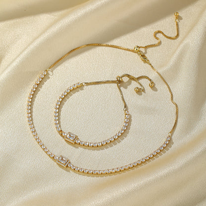 Glam Shiny Rectangle Copper Plating Inlay Zircon 14k Gold Plated Bracelets Necklace
