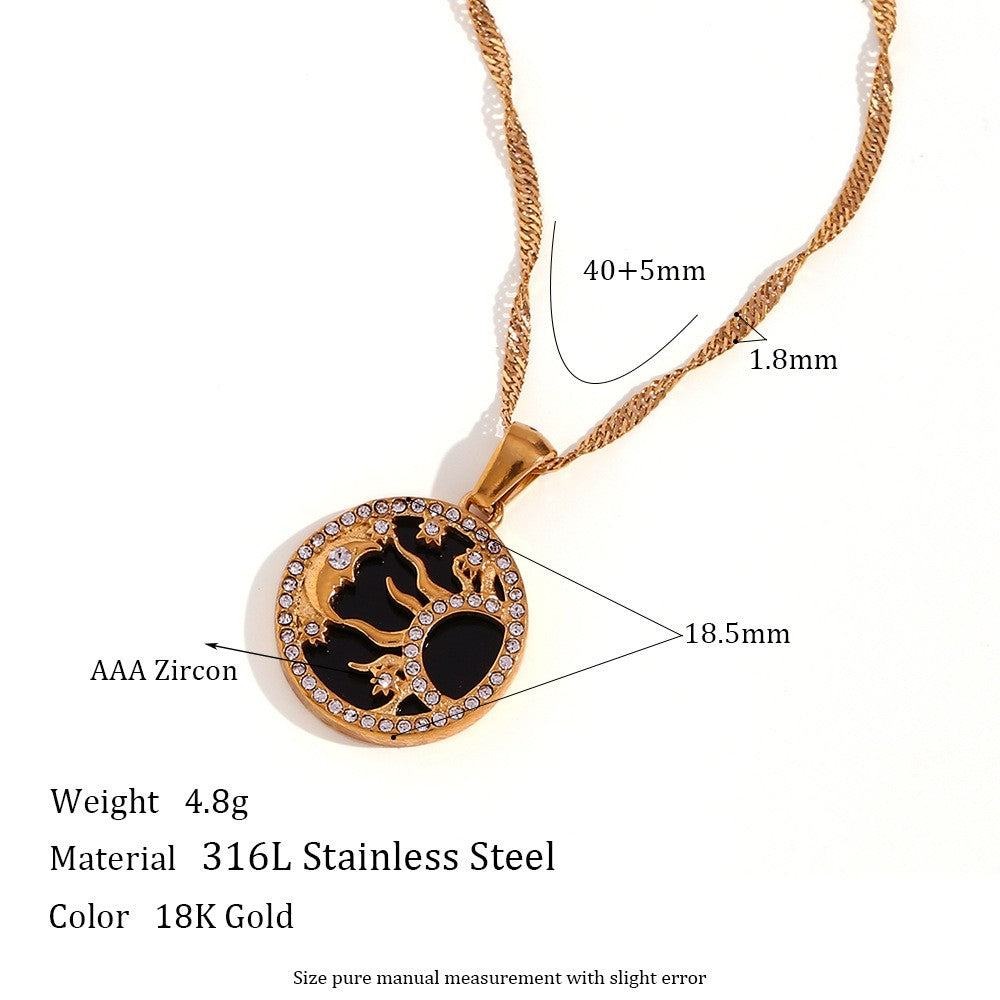 Vintage Style Sun Heart Shape Stainless Steel Plating Inlay Rhinestones 18k Gold Plated Pendant Necklace