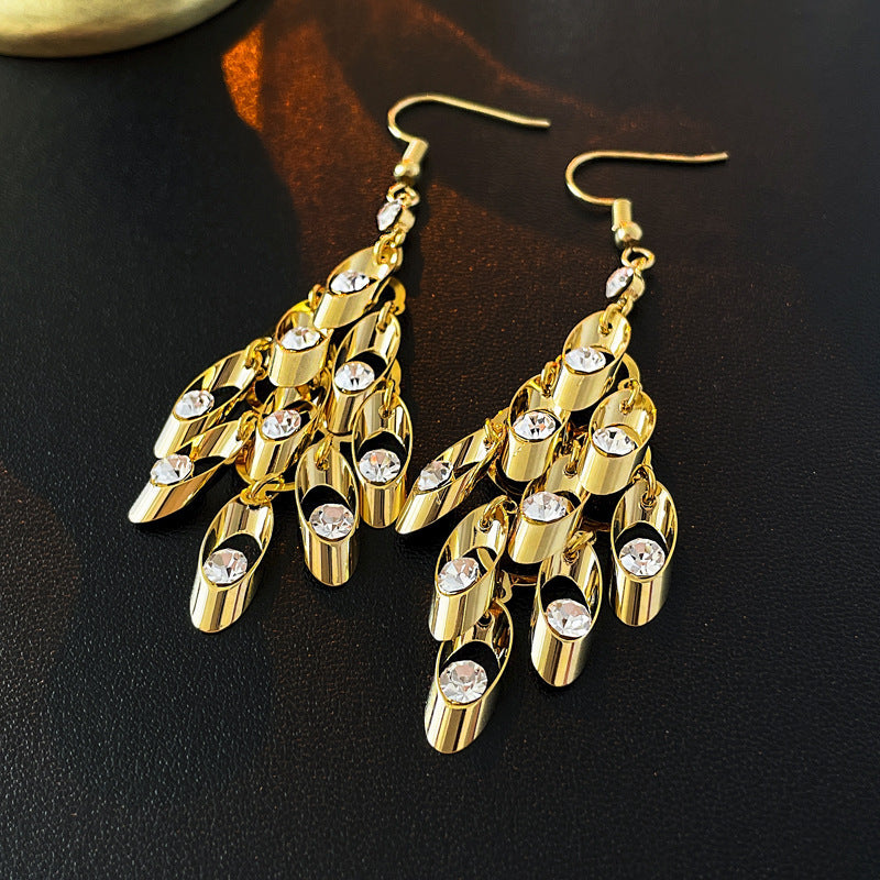 1 Pair Ig Style Exaggerated Tassel Solid Color Plating Inlay Metal Rhinestones Drop Earrings