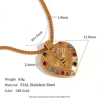 Vintage Style Sun Heart Shape Stainless Steel Plating Inlay Rhinestones 18k Gold Plated Pendant Necklace