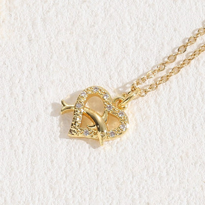 Cute Sweet Penguin Dolphin Heart Shape Copper Plating Inlay Zircon 14k Gold Plated Pendant Necklace