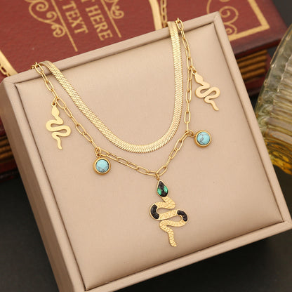 Simple Style Commute Snake Stainless Steel Plating Inlay Turquoise Zircon Earrings Necklace