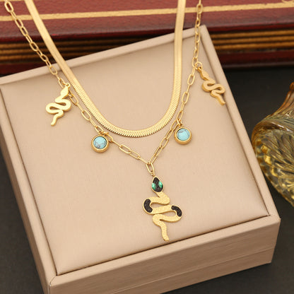 Simple Style Commute Snake Stainless Steel Plating Inlay Turquoise Zircon Earrings Necklace