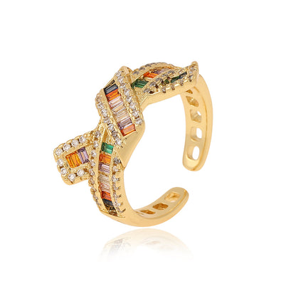 Ig Style Geometric Copper Plating Inlay Artificial Pearls Zircon Open Ring