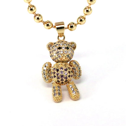 Hip-hop Streetwear Little Bear Copper Gold Plated Zircon Pendant Necklace In Bulk