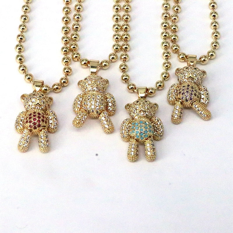 Hip-hop Streetwear Little Bear Copper Gold Plated Zircon Pendant Necklace In Bulk