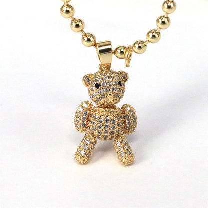 Hip-hop Streetwear Little Bear Copper Gold Plated Zircon Pendant Necklace In Bulk