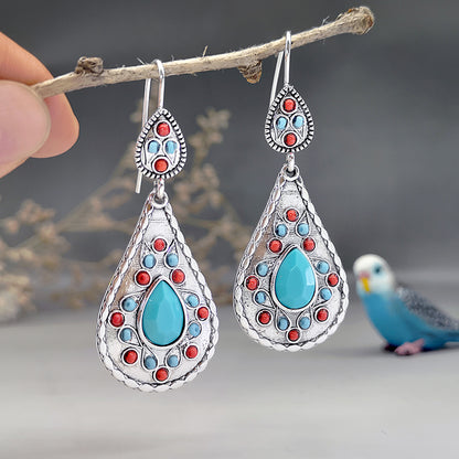 1 Pair Vintage Style Ethnic Style Water Droplets Inlay Metal Turquoise Silver Plated Drop Earrings