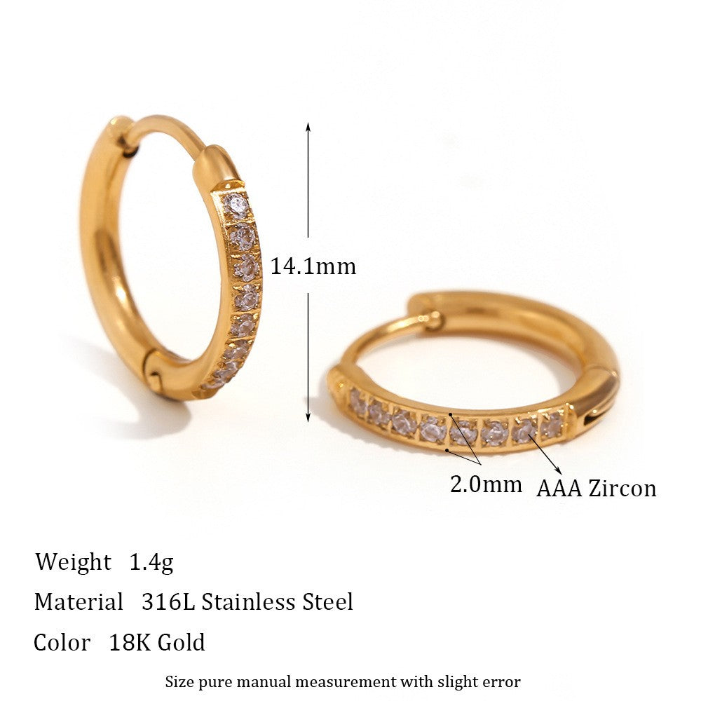 1 Pair Simple Style Round Solid Color Plating Inlay Stainless Steel Zircon 18k Gold Plated Hoop Earrings