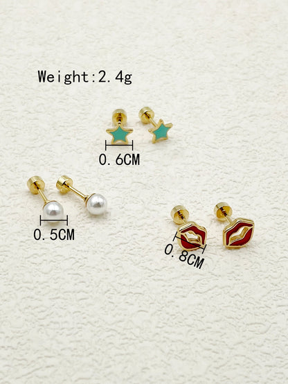 1 Set Cute Sweet Lips Star Paw Print Enamel Plating Inlay Stainless Steel Artificial Pearls Gold Plated Ear Studs