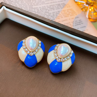 1 Pair Retro Geometric Enamel Imitation Pearl Copper Ear Studs