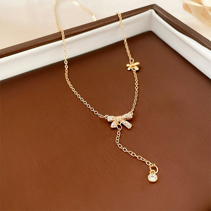 Elegant Heart Shape Bow Knot Copper Inlay Zircon Pendant Necklace